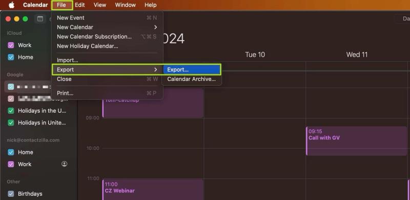 Finding the Export calendar option under the file menu in iCal.
