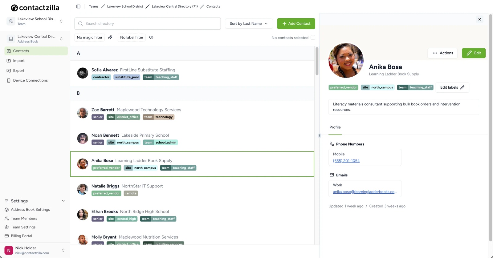 Contactzilla contacts view displaying contacts organised with labels such as site, team, and vendor, alongside a detailed contact profile