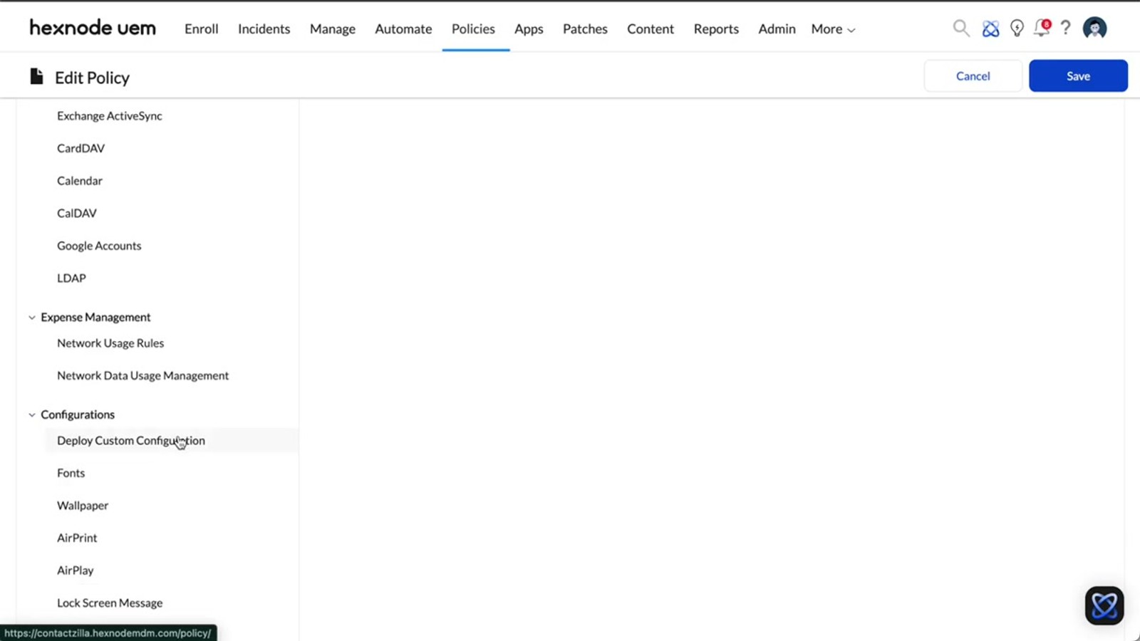 Hexnode policy creation screen with custom configuration section visible in the left sidebar