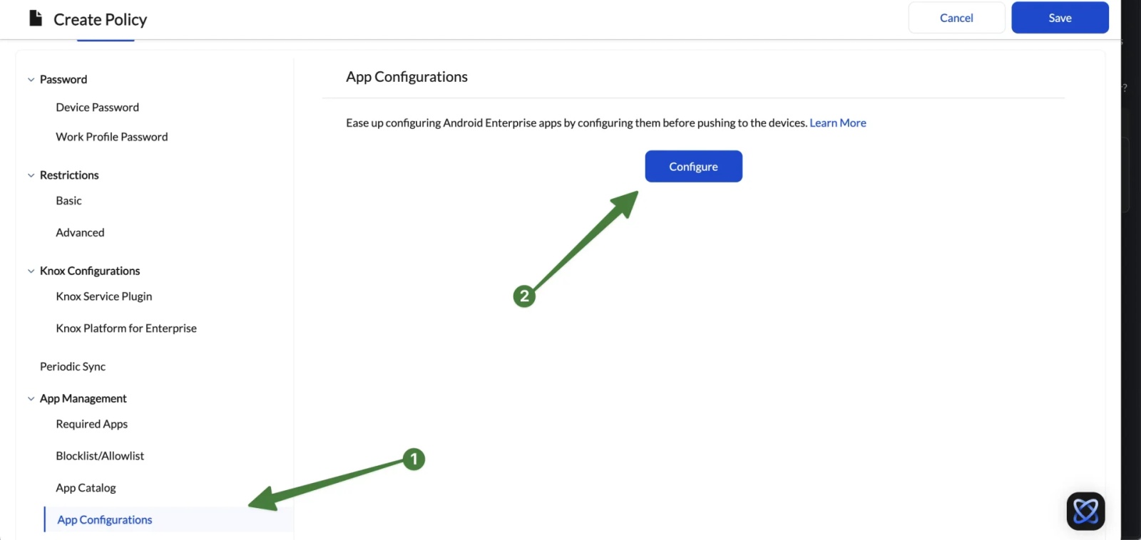 Hexnode policy editor with the Android platform selected, highlighting App Configurations in the left navigation and the Configure button on the App Configurations panel.