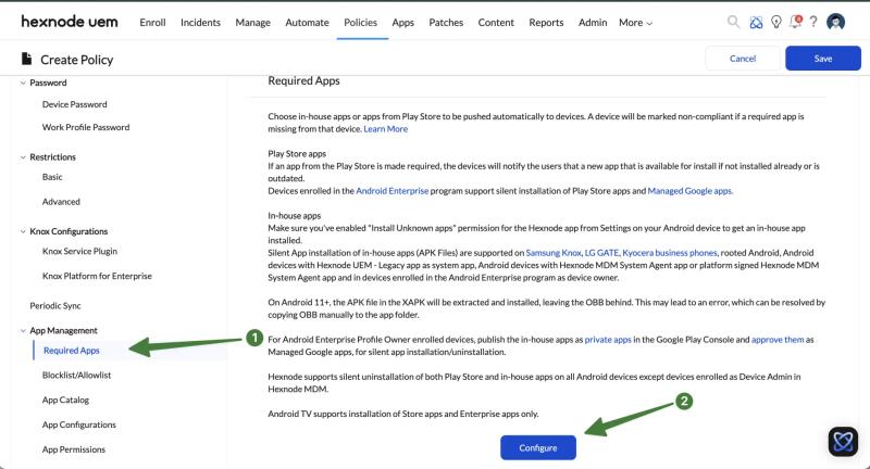 Hexnode policy editor with Required Apps section selected, showing where managed Google Play apps are configured for Android policies.