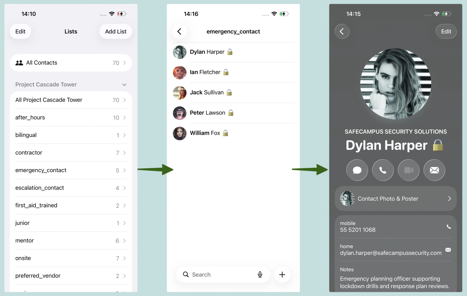 iPhone Contacts app showing the Contactzilla address book lists, the emergency_contact list and the contact Dylan Harper with a lock emoji.