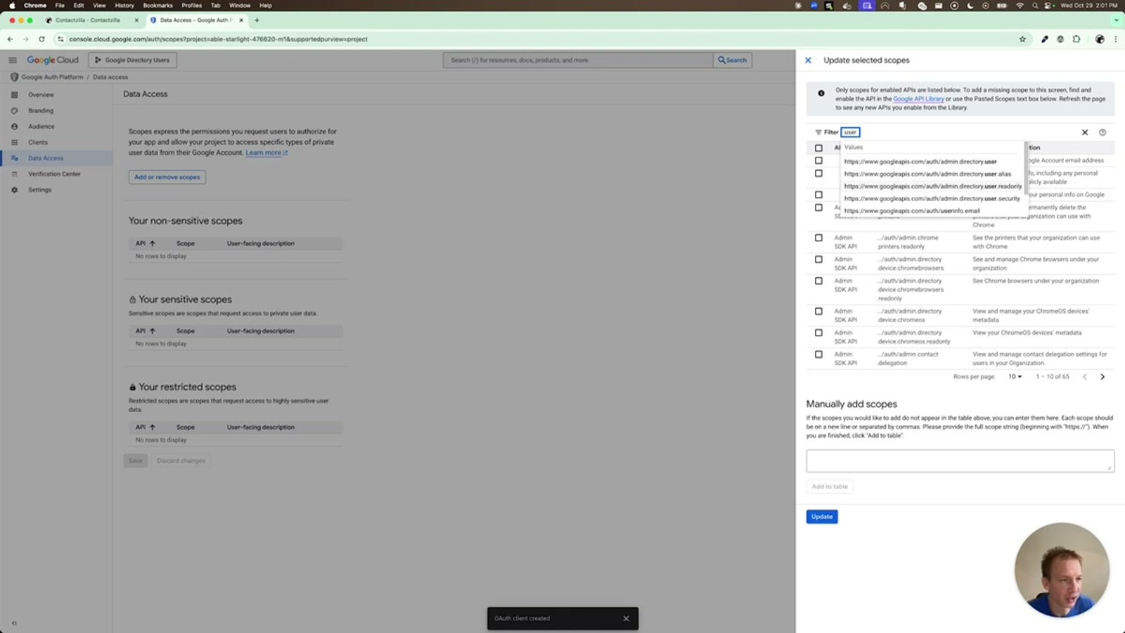 Google Cloud Console Data Access screen with admin.directory.user.readonly scope selected