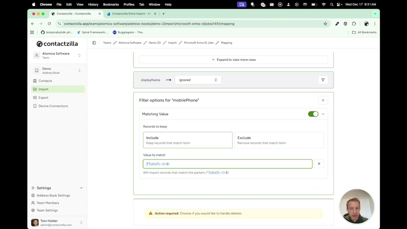 Filter configuration for the mobile field showing a regex pattern and blue valid indicator