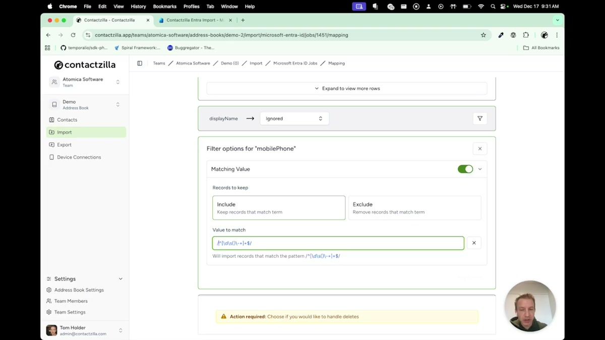 Filter configuration for the mobile field showing a regex pattern and blue valid indicator