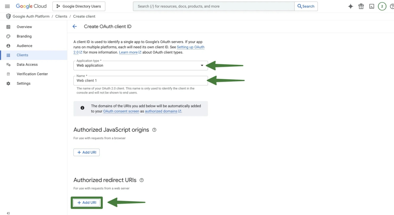 Google Cloud form for creating an OAuth client ID with Web application selected and the Add URI button highlighted.