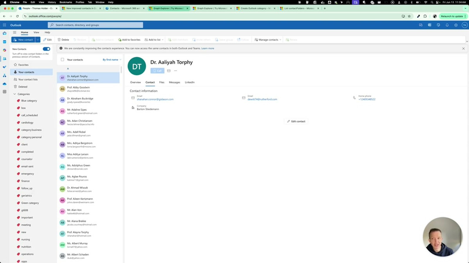 Microsoft Graph Explorer interface showing contact folder API endpoints