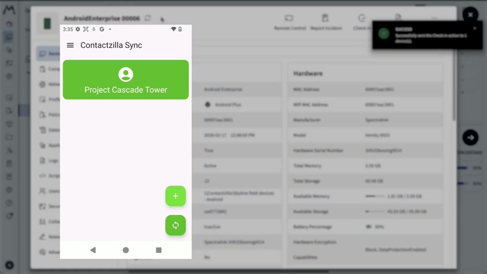 SOTI MobiControl managed app configuration screen showing the five fields populated from the Contactzilla JSON file
