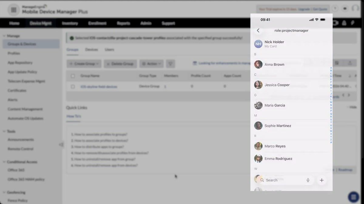 iPhone native Contacts app showing the Contactzilla address book with contacts organized by labels as lists, with a recent edit visible