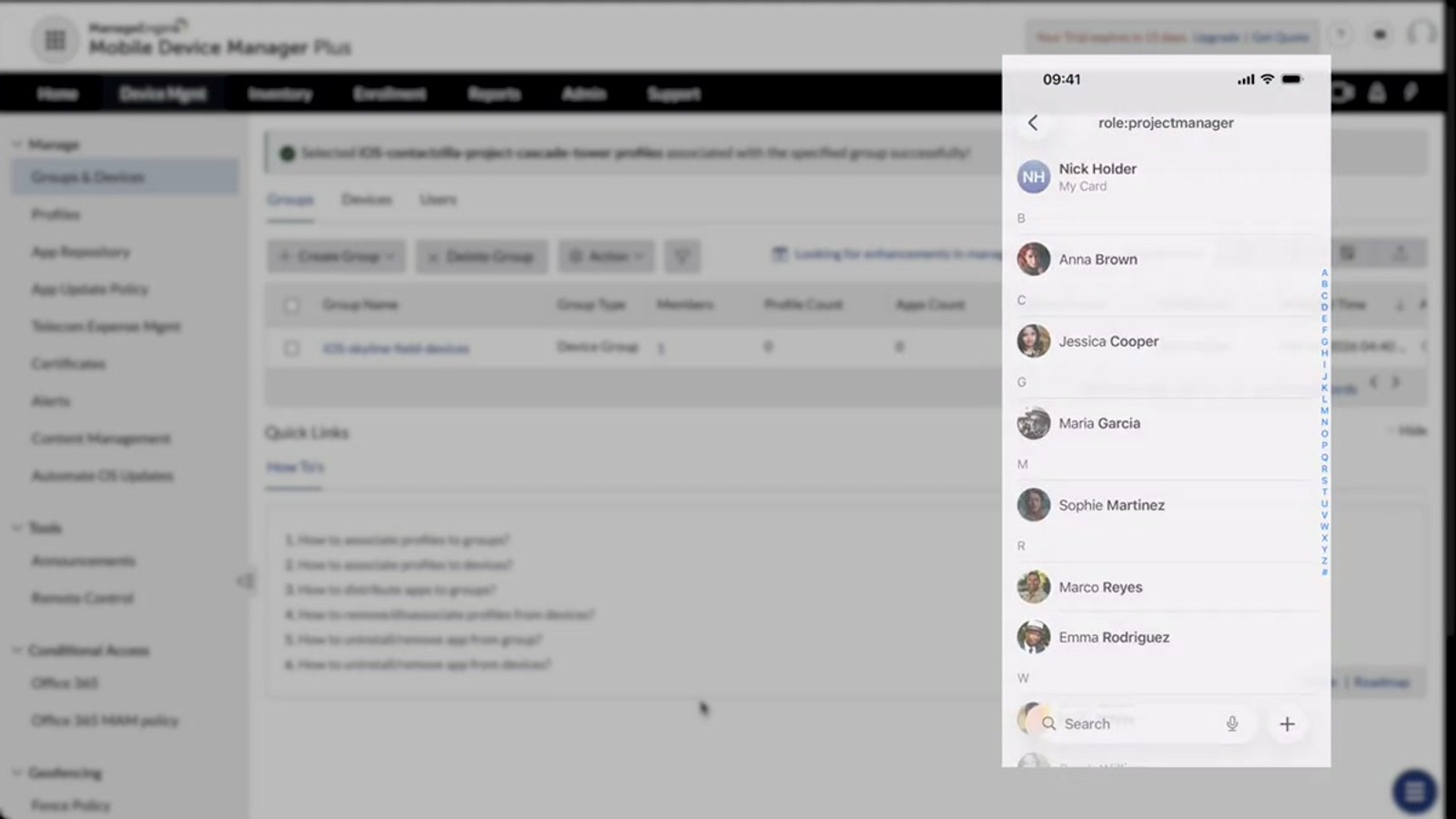iPhone native Contacts app showing the Contactzilla address book with contacts organized by labels as lists, with a recent edit visible