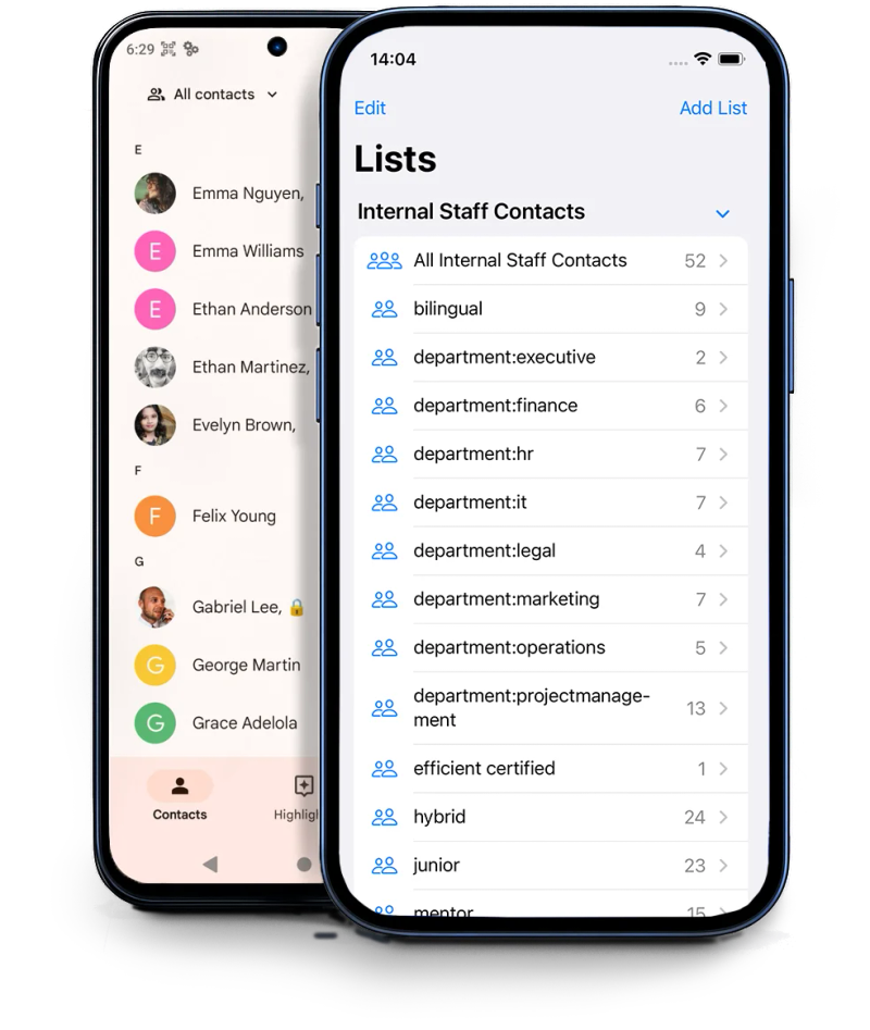 iPhone and Android devices displaying synced contact lists from Contactzilla