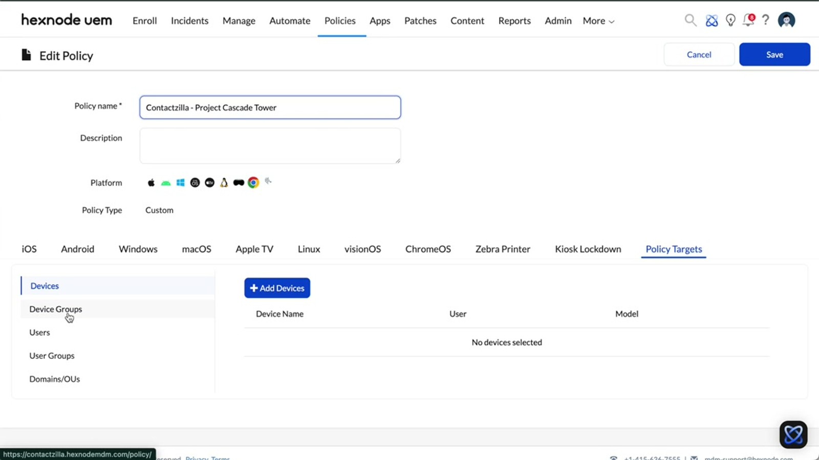 Hexnode custom configuration upload dialog with the Contactzilla mobileconfig file selected