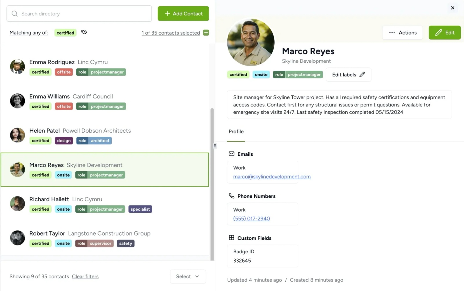 A contact management interface showing a filtered list of team members on the left and a detailed contact profile on the right. The selected contact, Marco Reyes from Skyline Development, is tagged with labels like “certified,” “onsite,” and “projectmanager.” The profile includes job description, work email, phone number, and a custom field for Badge ID.
