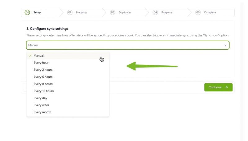 Sync frequency dropdown menu in Contactzilla showing options like manual, hourly, or daily.