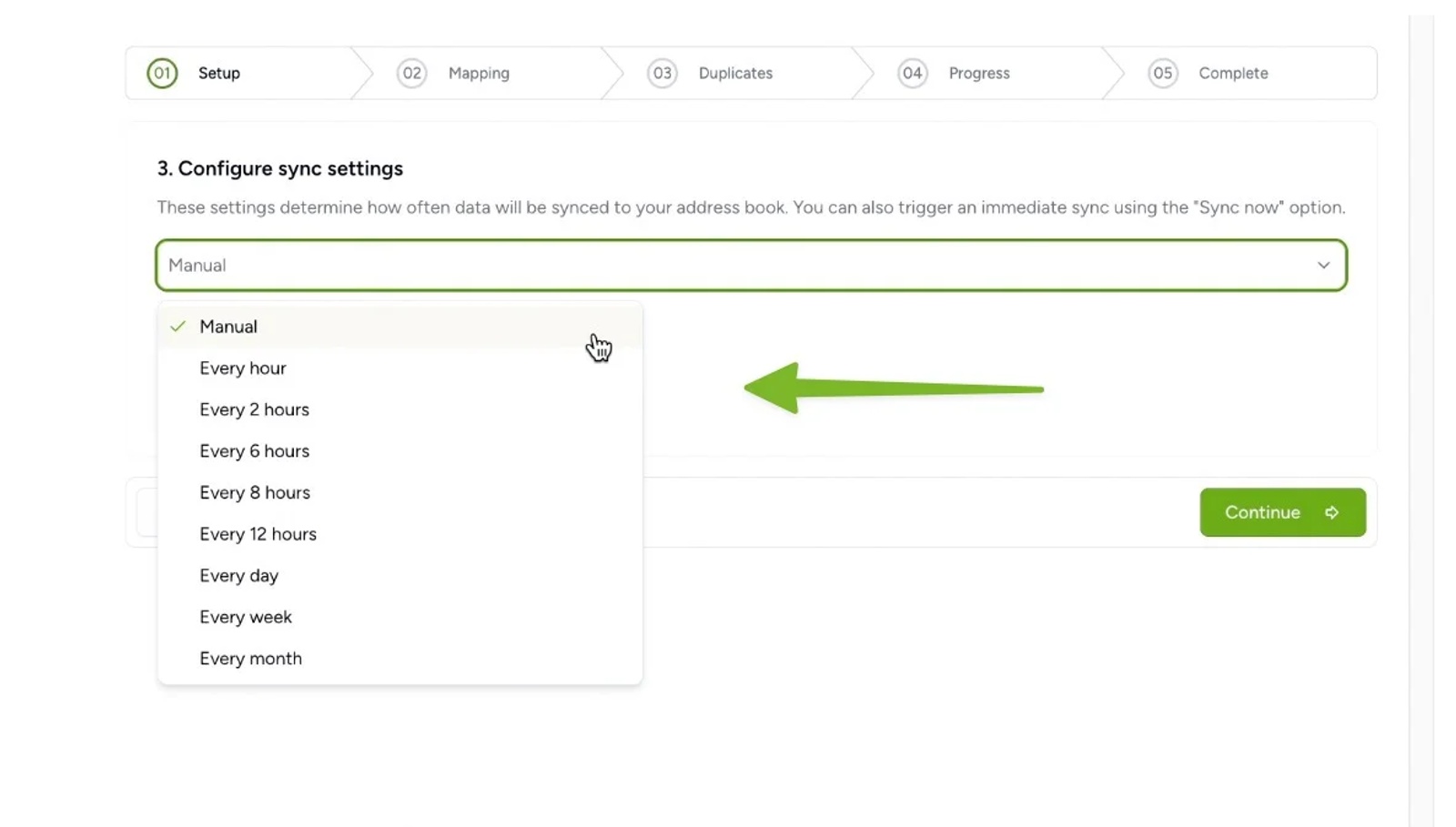 Sync frequency dropdown menu in Contactzilla showing options like manual, hourly, or daily.