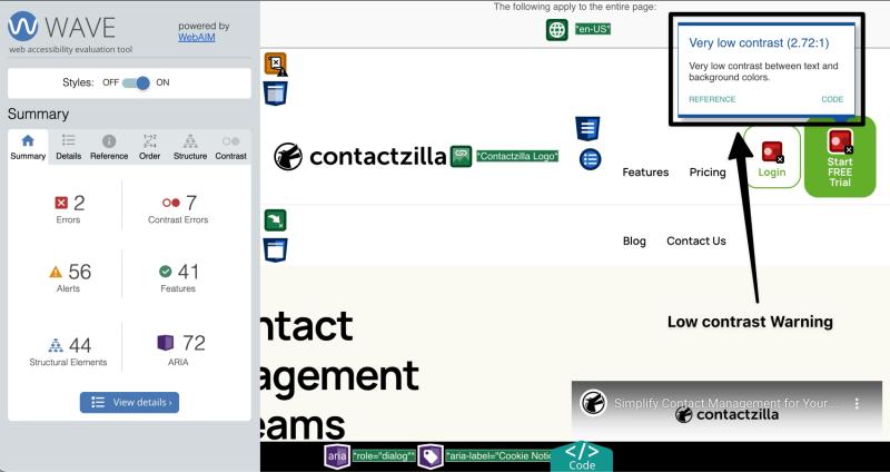 Screenshot of the WAVE accessibility tool highlighting a 'very low contrast' warning for a login button with green text on a green background. The left panel displays a summary with 2 errors, 7 contrast errors, 56 alerts, and various features and elements detected on the page.