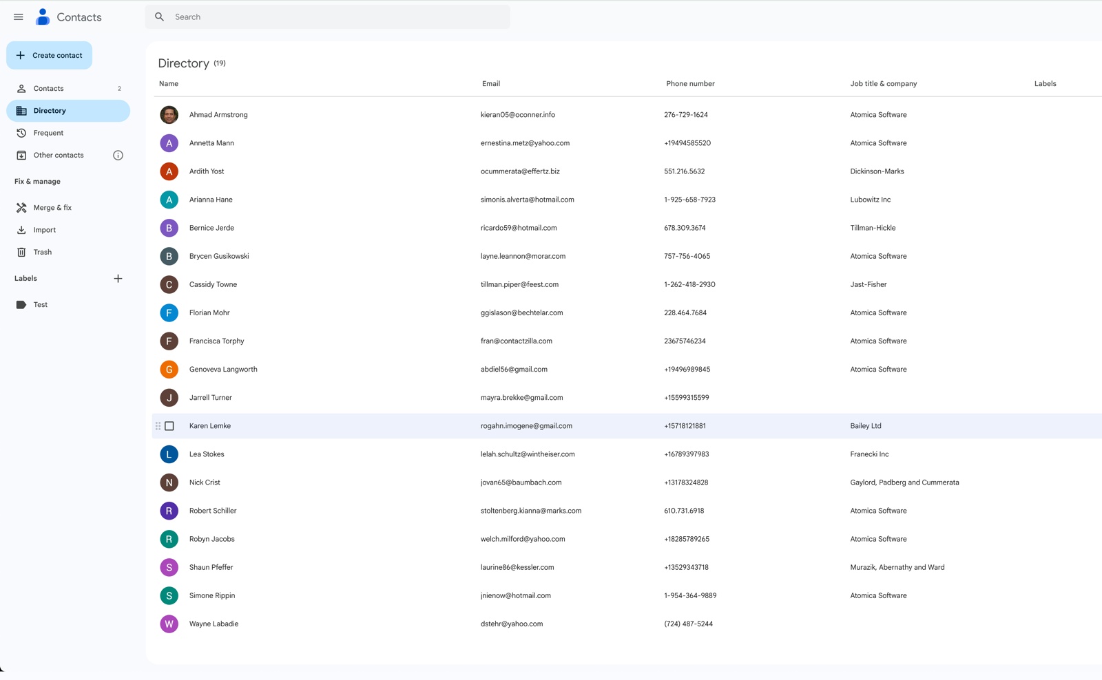 Google Contacts interface showing the Directory view with shared contacts including names, emails, phone numbers, job titles and companies.