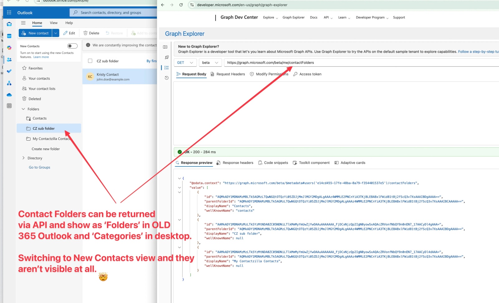Screenshot comparing Microsoft Outlook’s legacy contact folders in the web interface with Graph Explorer API results, highlighting how contact folders can be returned via API and appear as folders or categories in older views but disappear entirely in the new “New Contacts” interface.