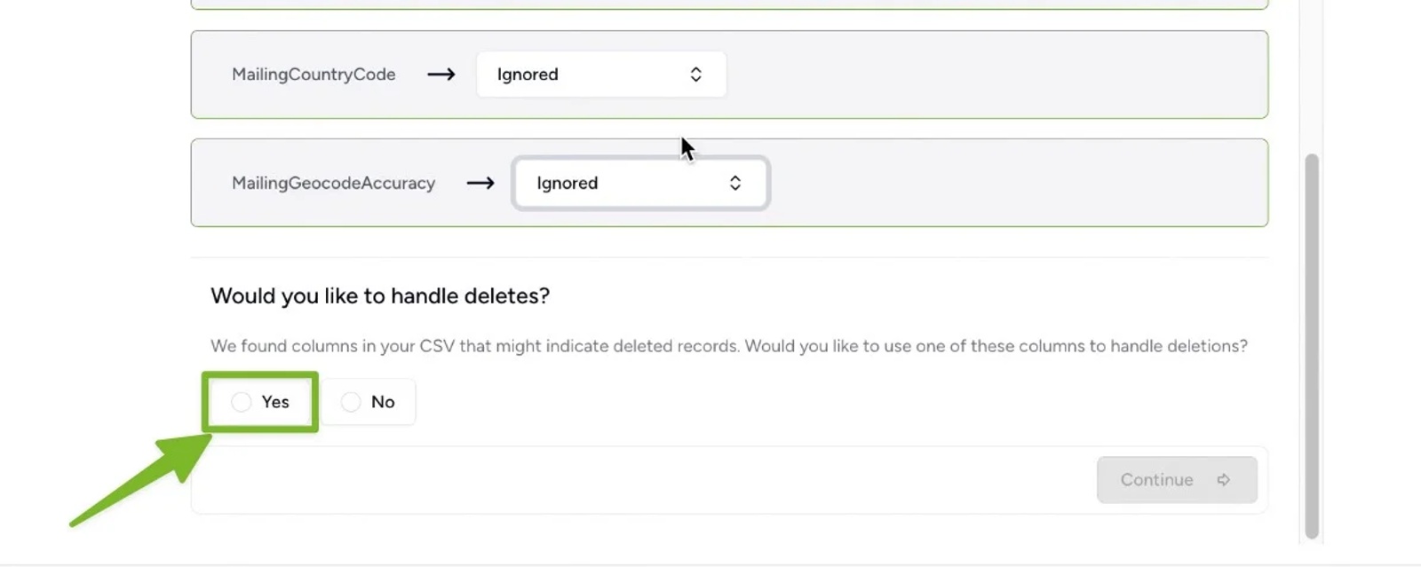 Prompt in Contactzilla asking whether to handle deletes using Salesforce data.