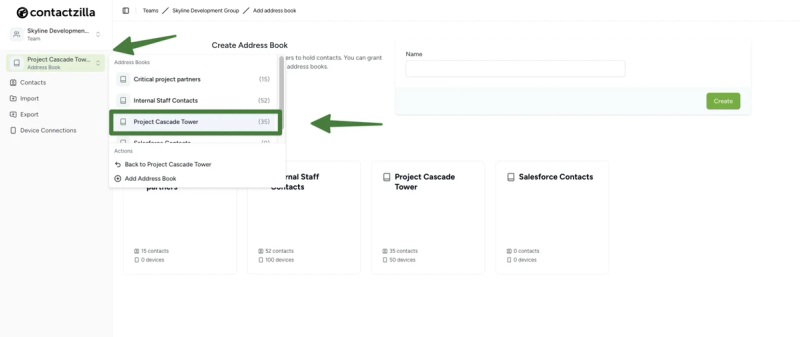 Selecting a Contactzilla address book. A green arrow shows the drop down menu on the left hand side where this can be selected.