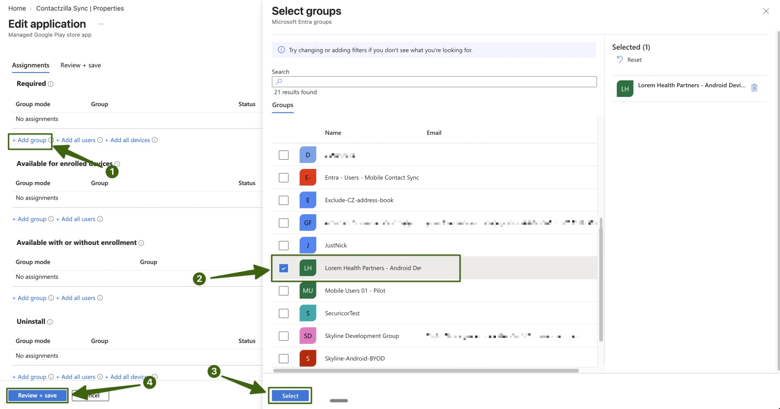 Intune Edit application Assignments tab with Add group under Required (arrow 1), the Lorem Health Partners Android Devices group ticked in the Select groups panel (arrow 2), Select (arrow 3) and Review + save (arrow 4)