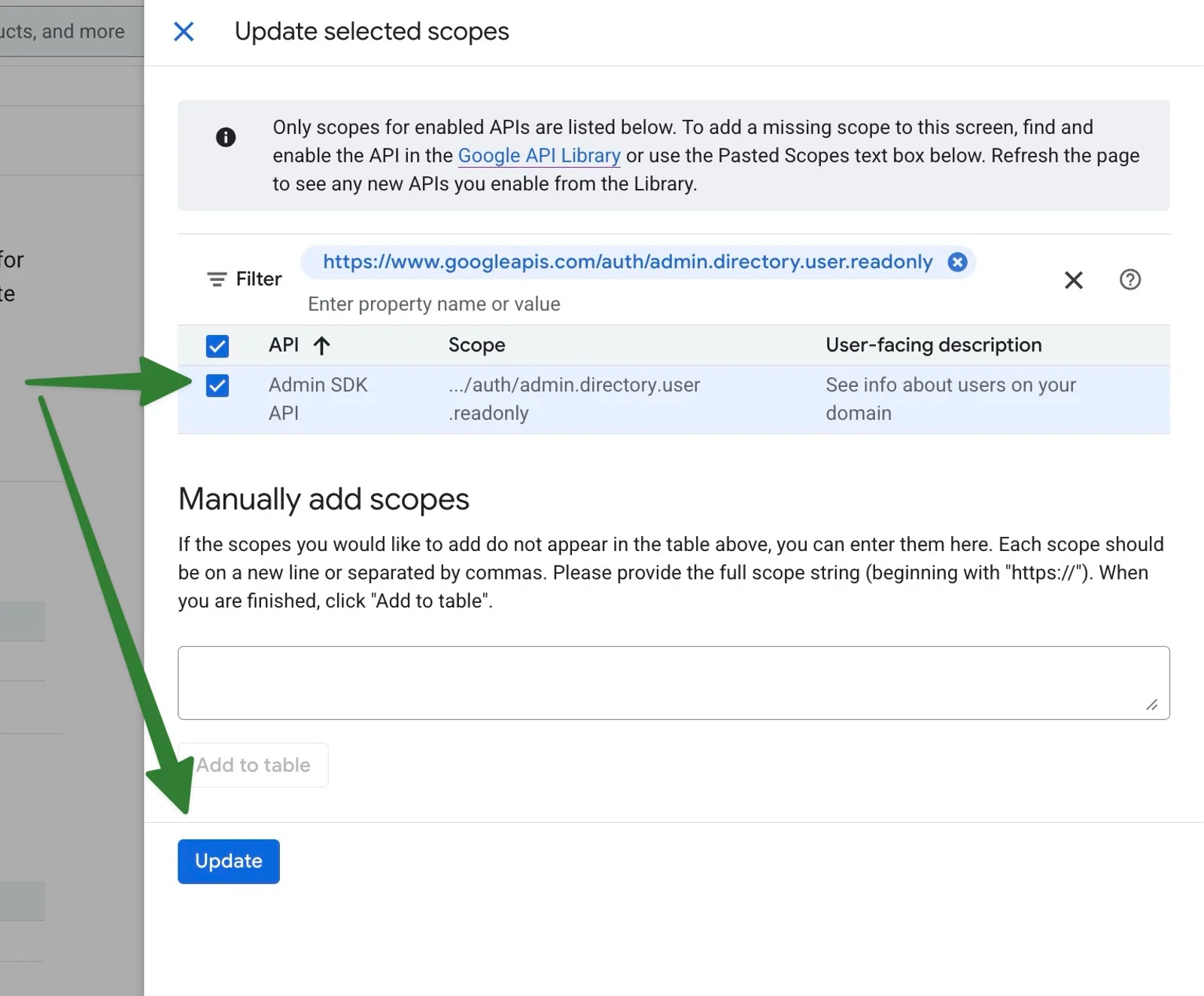 Google Cloud Data Access panel showing the admin.directory.user.readonly scope selected and ready to apply, with the Update button highlighted.