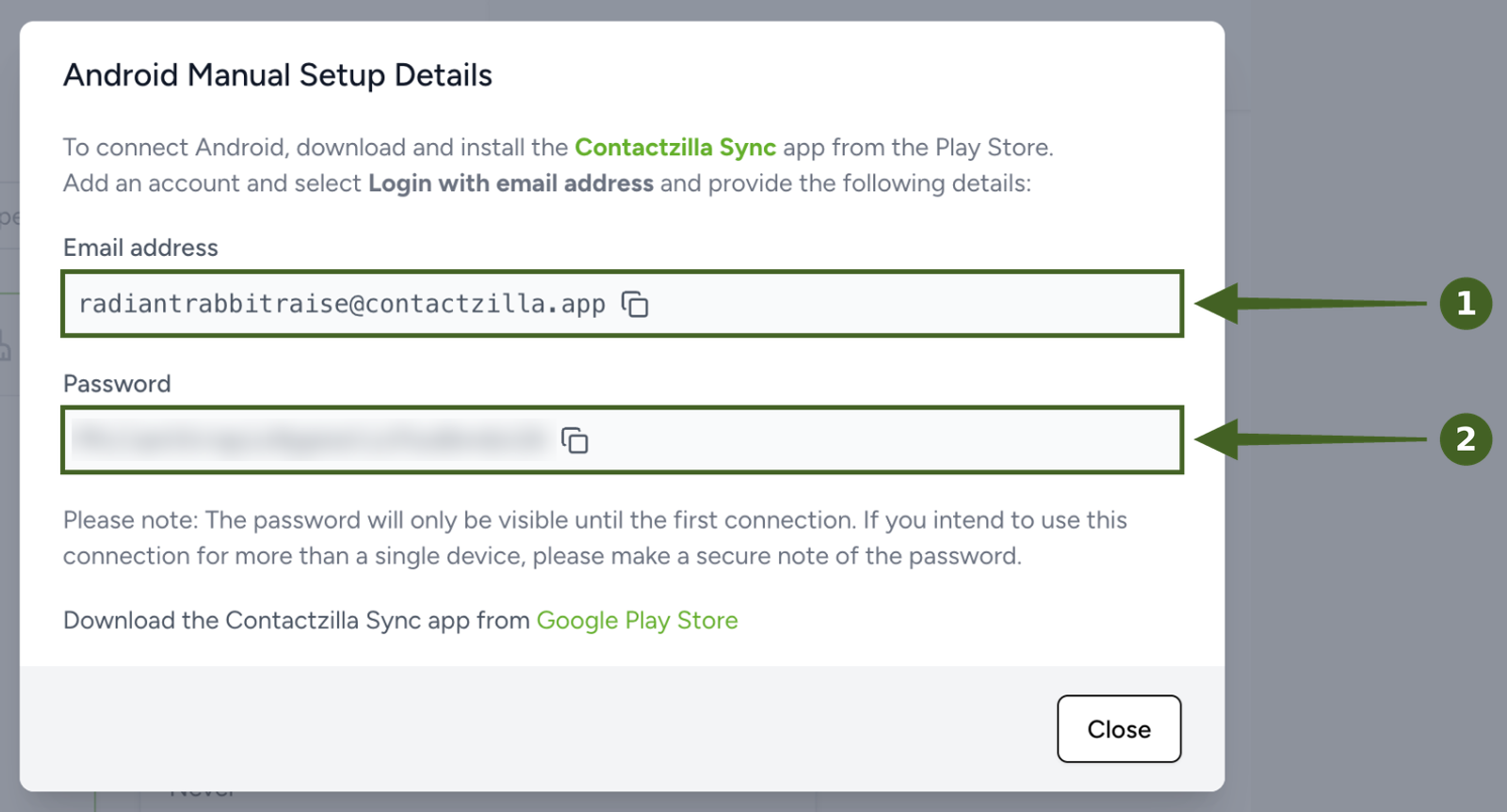 Contactzilla Android Manual Setup Details window showing the email address and password to enter in the Contactzilla Sync app with Login with email address, with the password hidden.