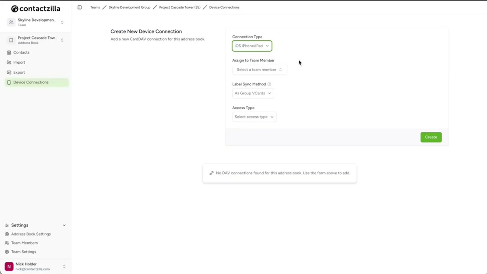 Contactzilla device connections screen with iOS selected as the connection type