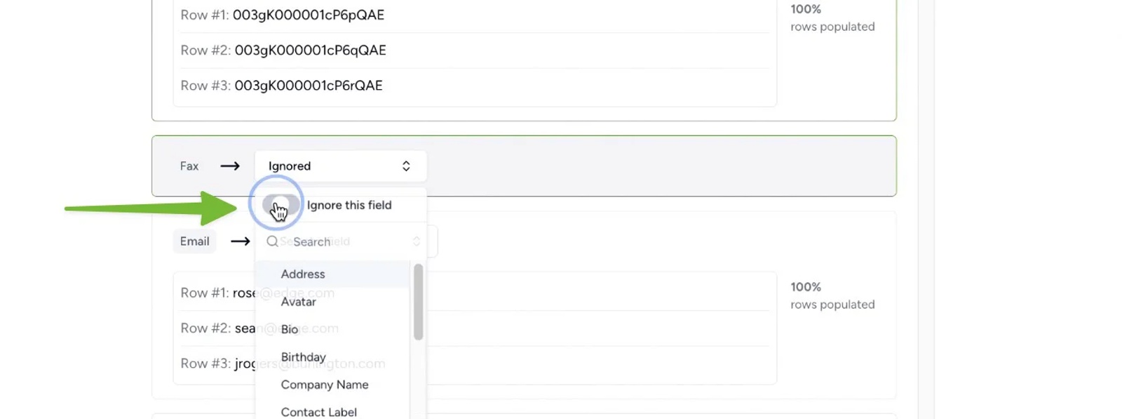 Enabling the 'Ignore' Toggle switch on the field mapping screen in Contactzilla so the filed will be ignored on import.
