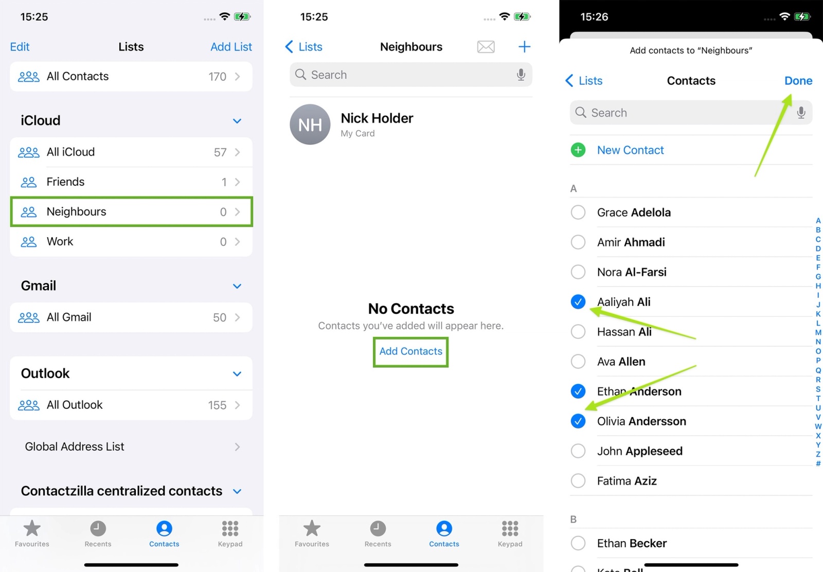 Adding contacts to a new list on iPhone