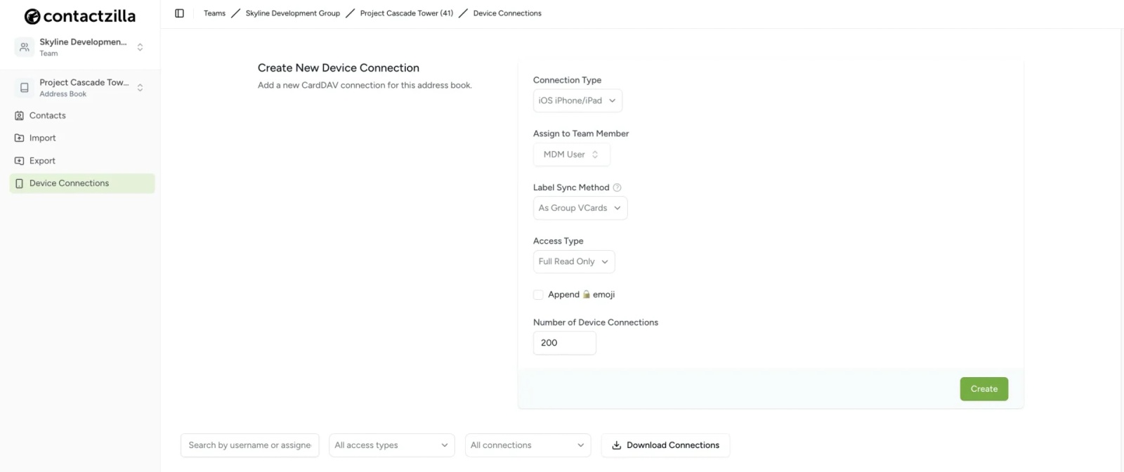 Contactzilla CSV import mapping interface showing step-by-step field mapping process with avatar, first name, and last name column mappings