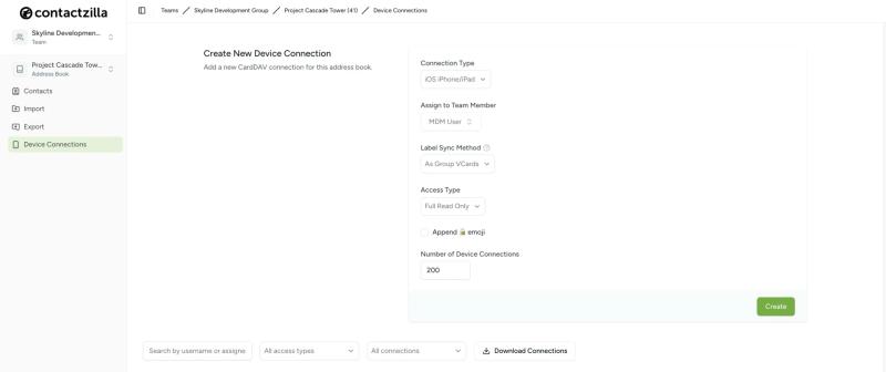 Contactzilla CSV import mapping interface showing step-by-step field mapping process with avatar, first name, and last name column mappings