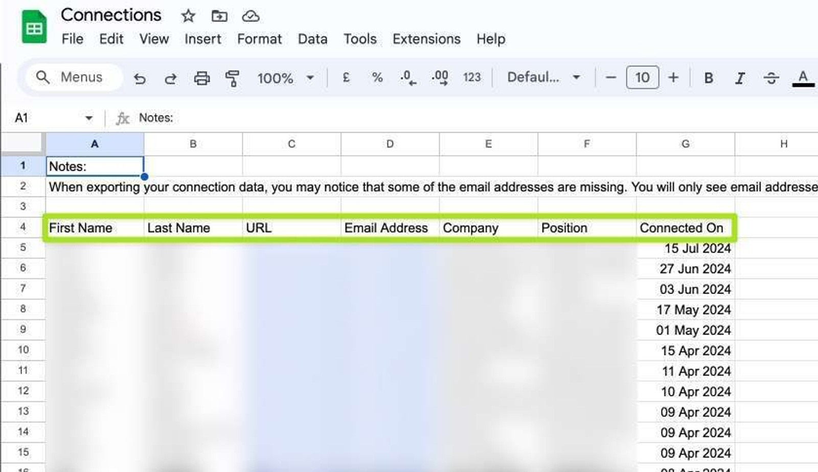 The exported CSV file contains basic information about your first-degree contacts as shown in this screen shot.