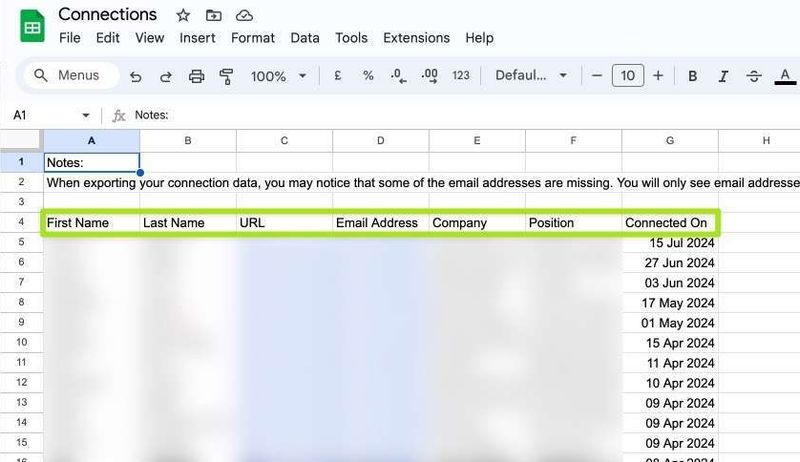 The exported CSV file contains basic information about your first-degree contacts as shown in this screen shot.