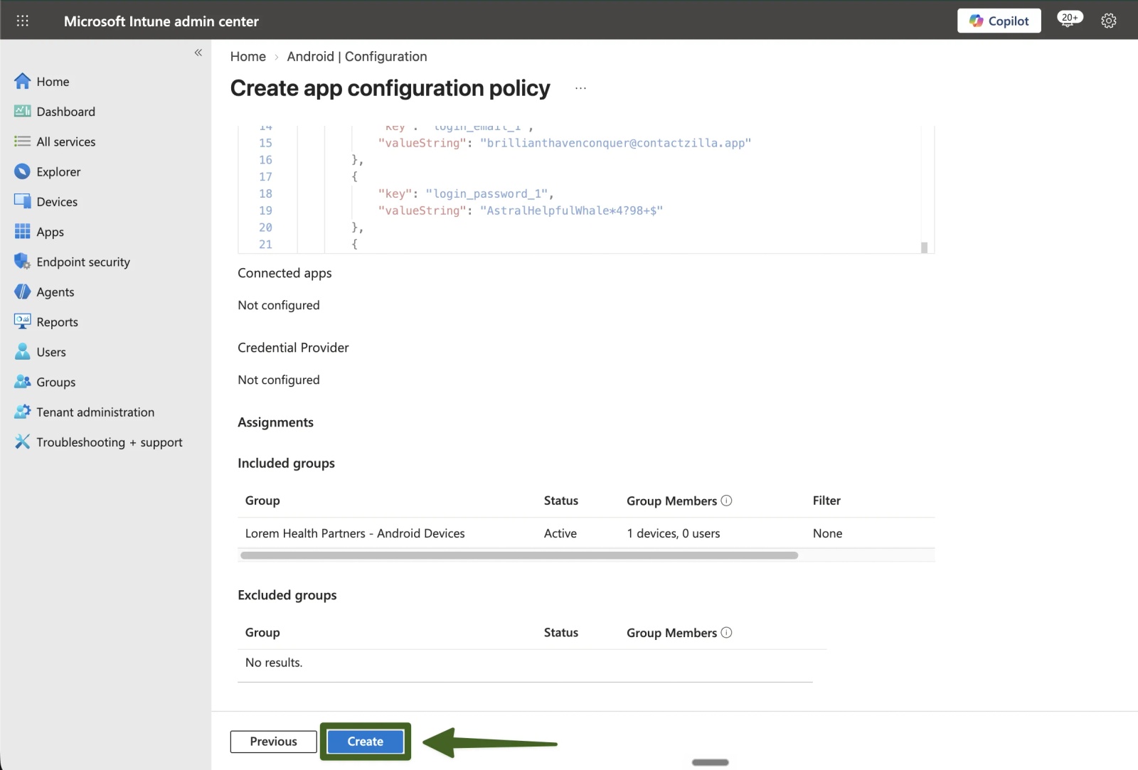 Intune app configuration policy Review + create tab showing Connected apps and Credential Provider not configured, the included device group, and the Create button highlighted