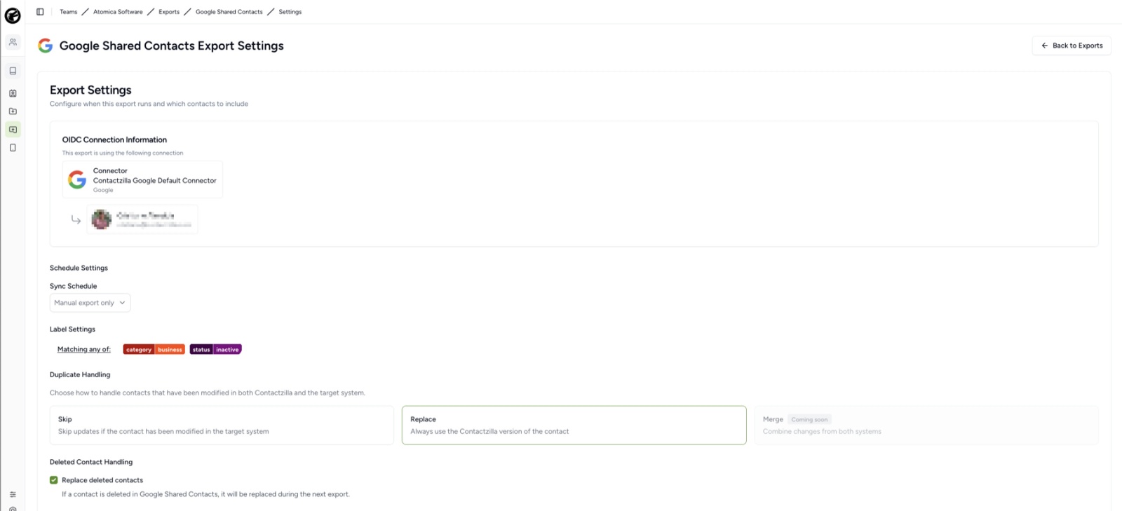 Contactzilla Google Shared Contacts export settings screen showing OIDC connection, sync schedule, label filters, and duplicate handling options.