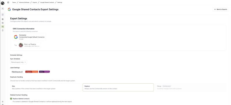 Contactzilla Google Shared Contacts export settings screen showing OIDC connection, sync schedule, label filters, and duplicate handling options.