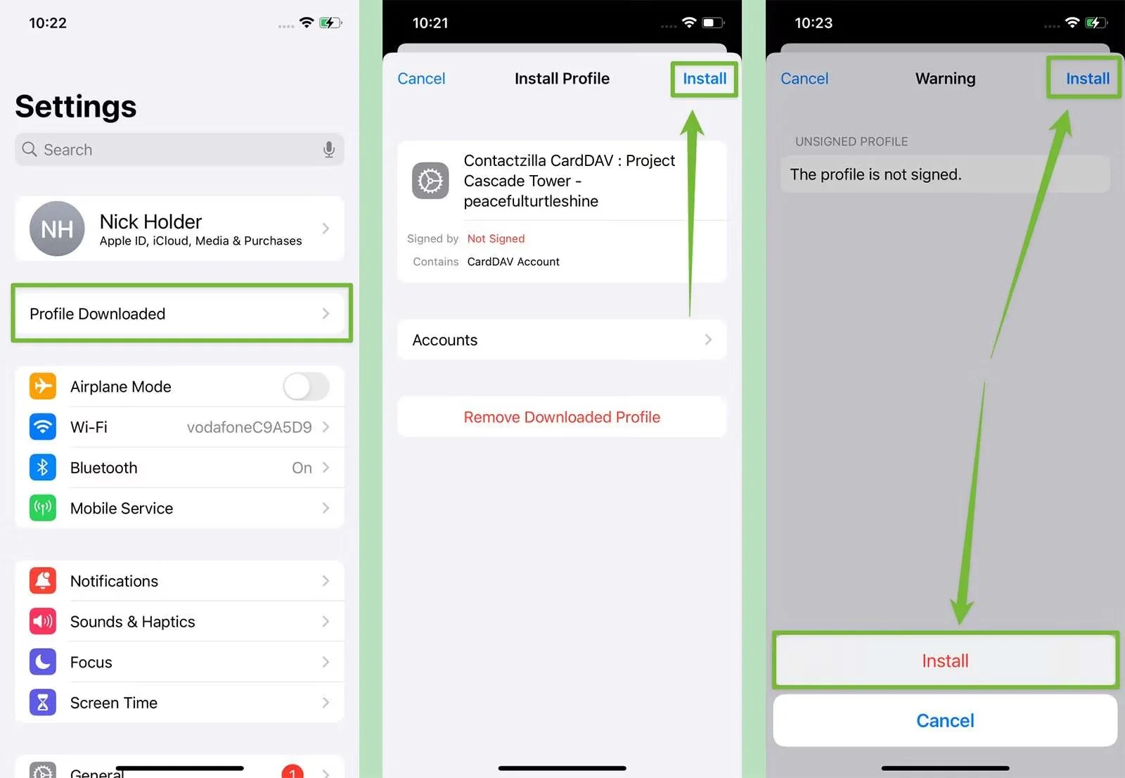 Three iPhone Settings screens showing Profile Downloaded, the Install Profile screen for the Contactzilla CardDAV profile, and the unsigned profile warning.