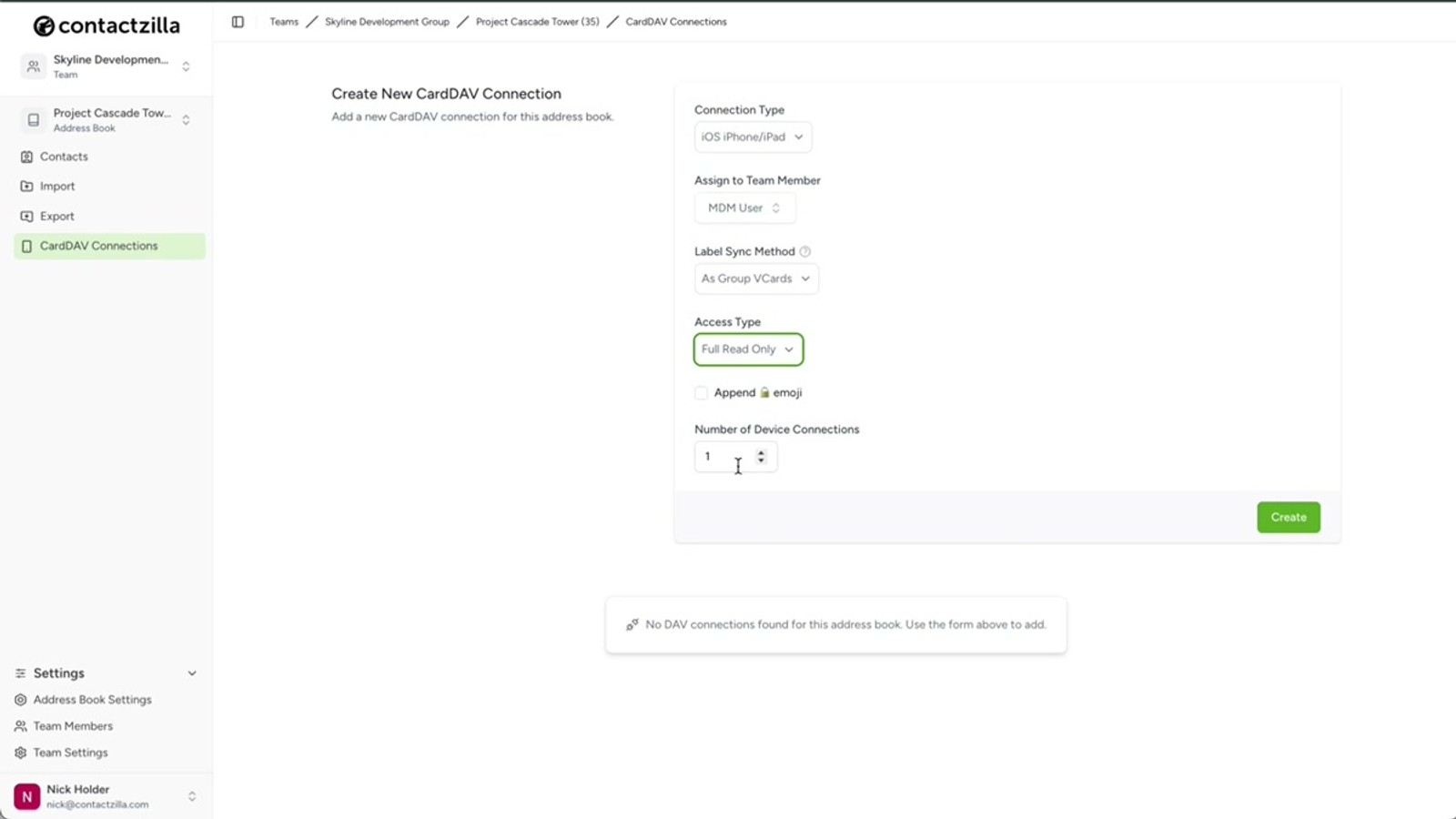 Contactzilla CardDAV connection setup page with download button for the .mobileconfig file