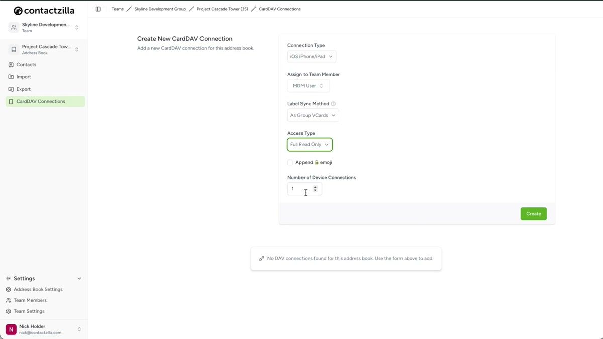 Contactzilla CardDAV connection setup page with download button for the .mobileconfig file
