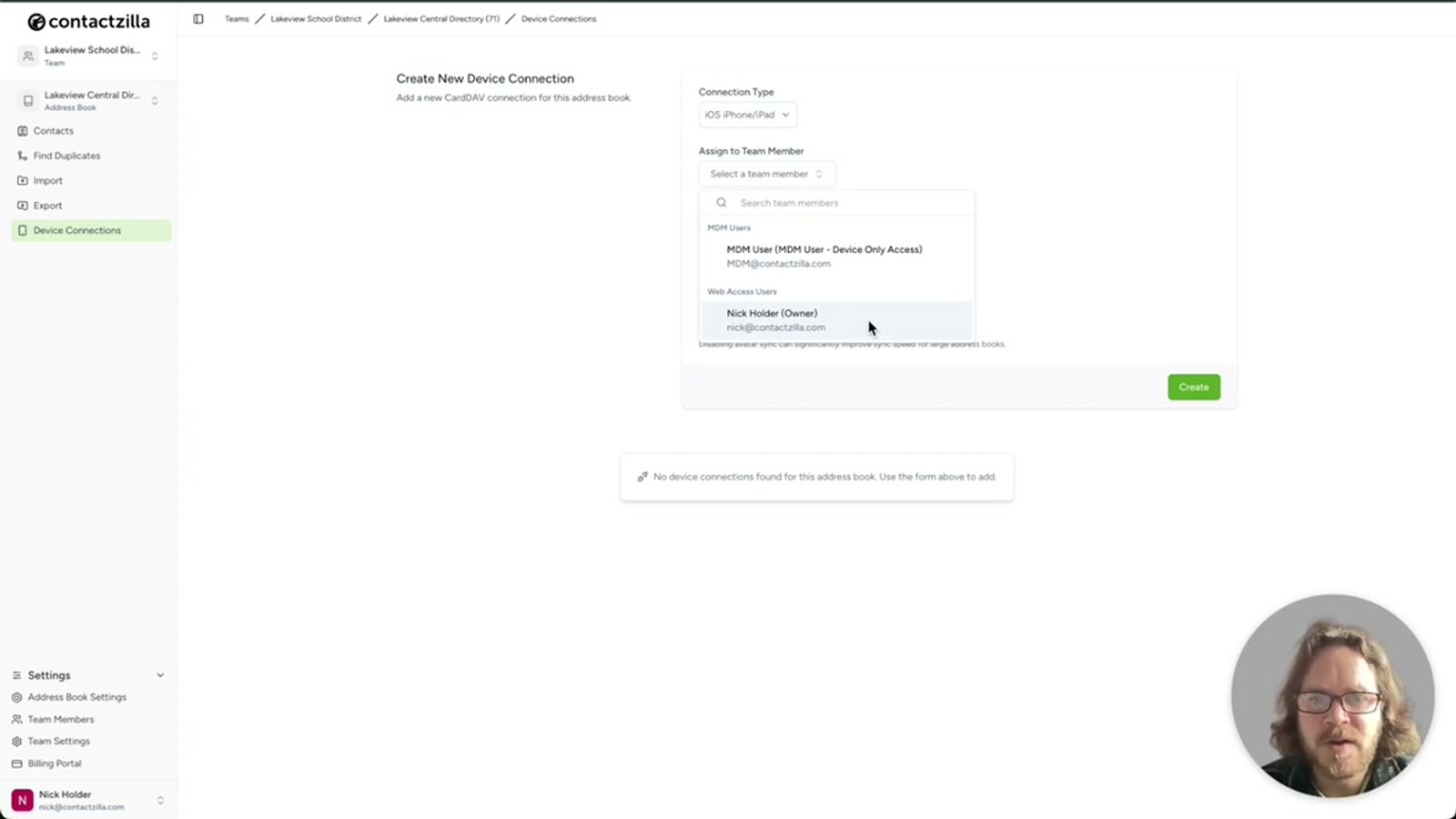 Contactzilla Team Members screen showing the MDM User Device Only Access role being selected