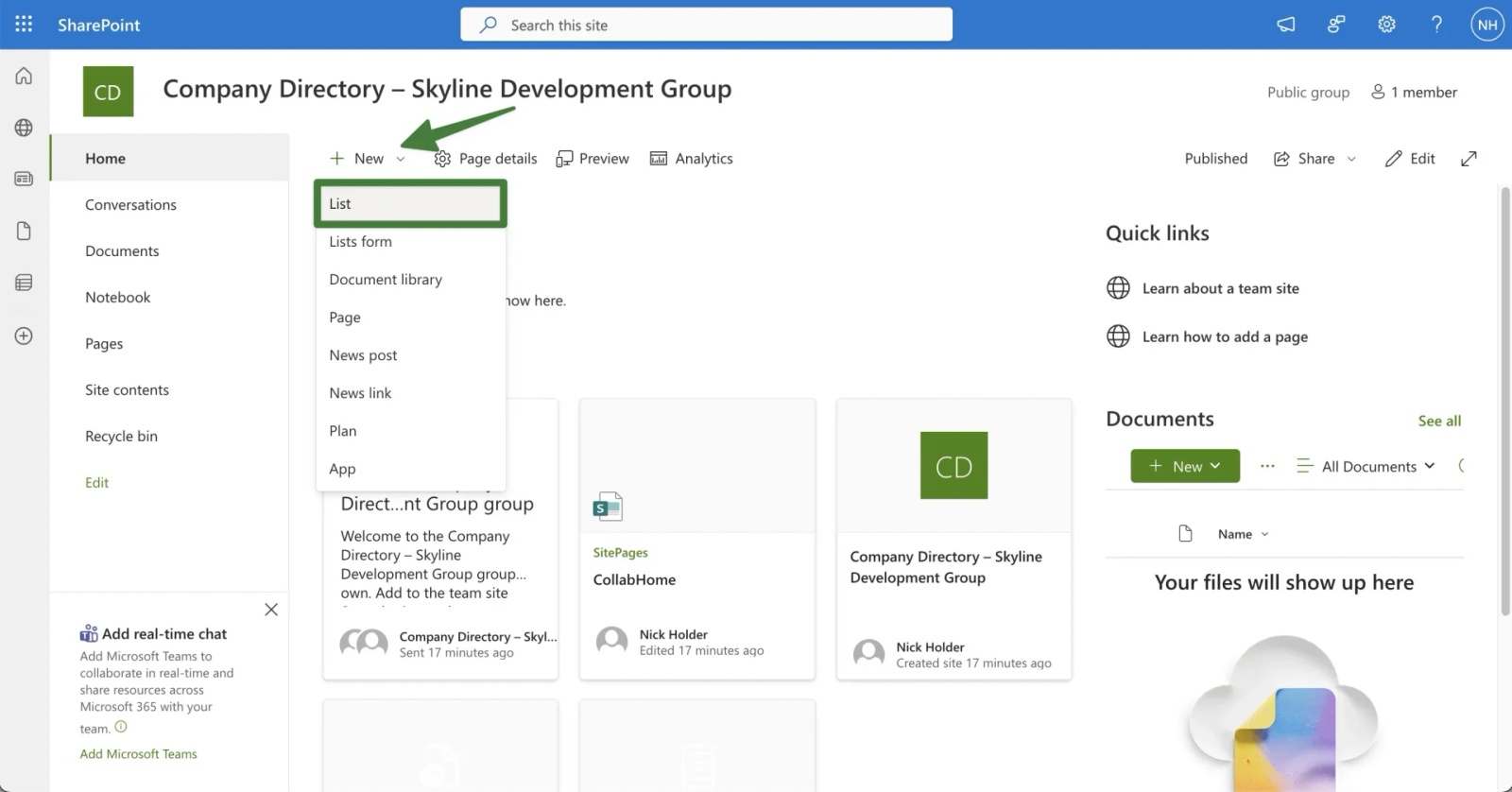SharePoint Online new list creation menu showing List option highlighted in dropdown from New button on site home page