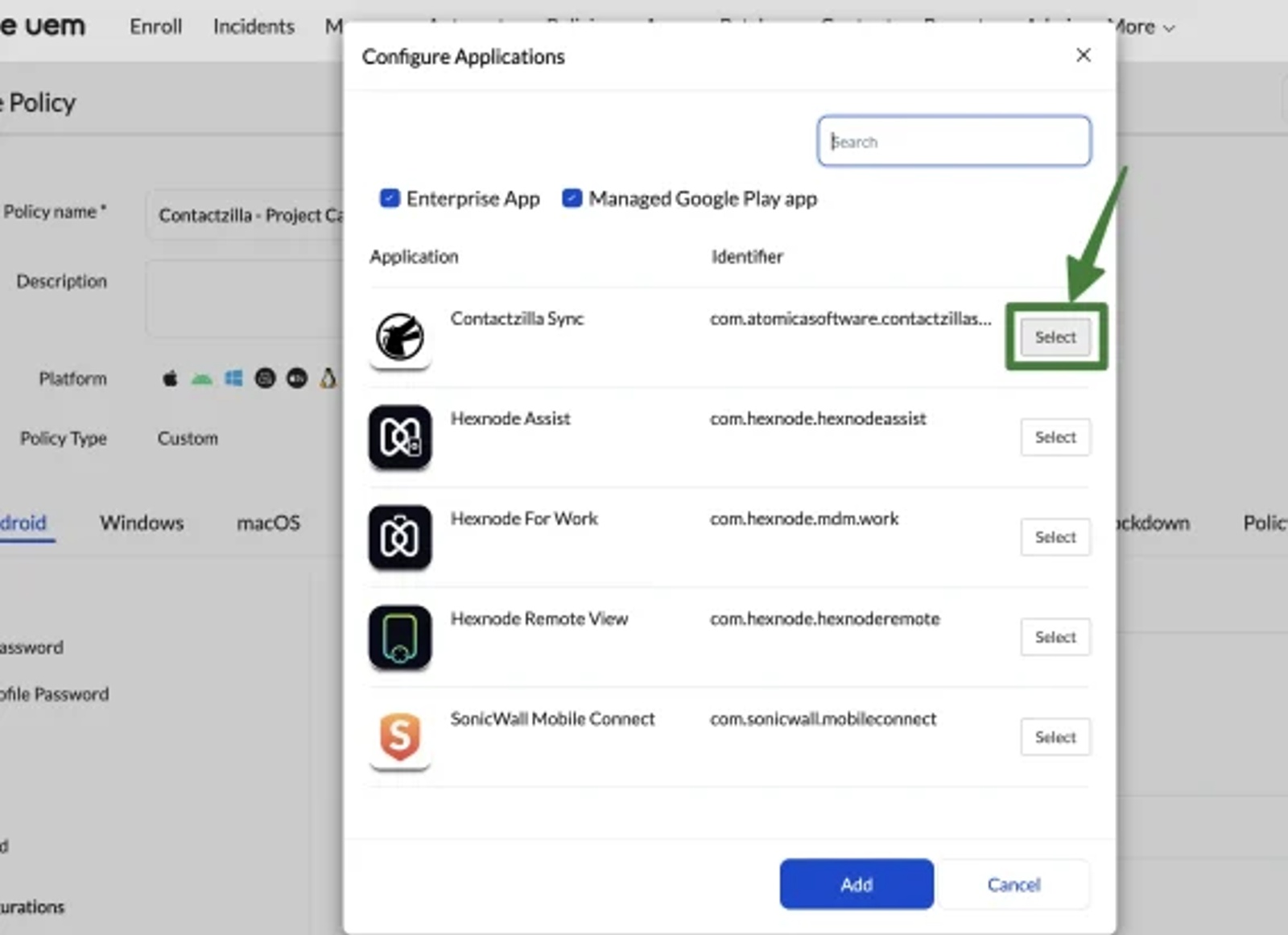 Configure Applications modal in Hexnode showing a list of managed apps, with Contactzilla Sync selected and the Add button highlighted.