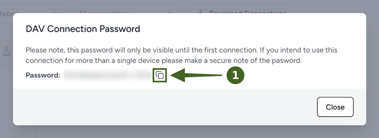 Contactzilla DAV Connection Password window explaining the password is only visible until the first connection, with the password hidden and its copy button highlighted.