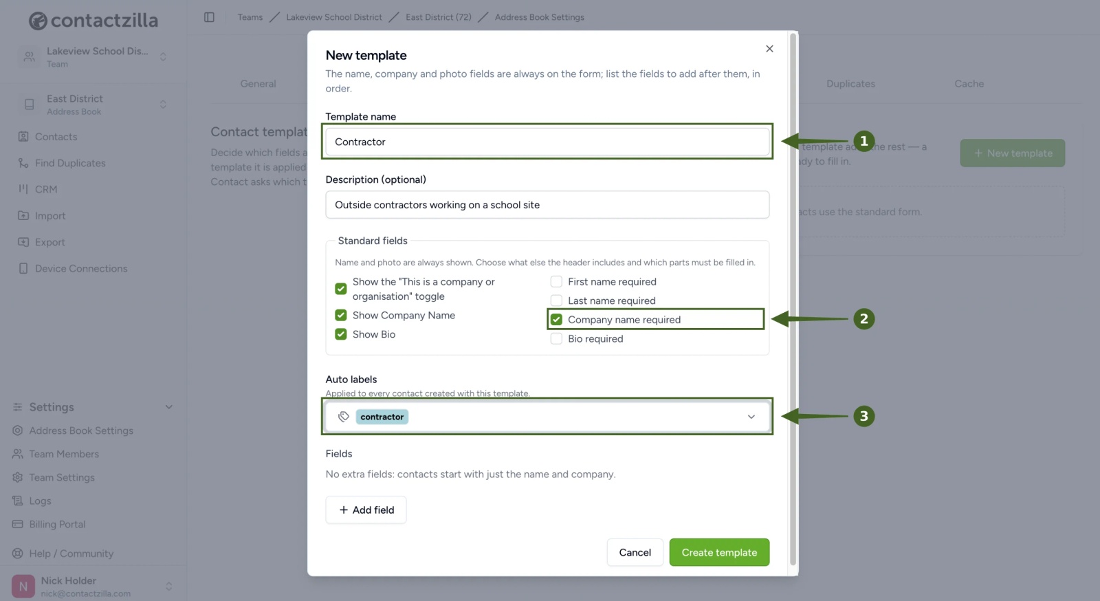 The New template window in Contactzilla with the template name Contractor, Company name required ticked and the Auto labels field highlighted
