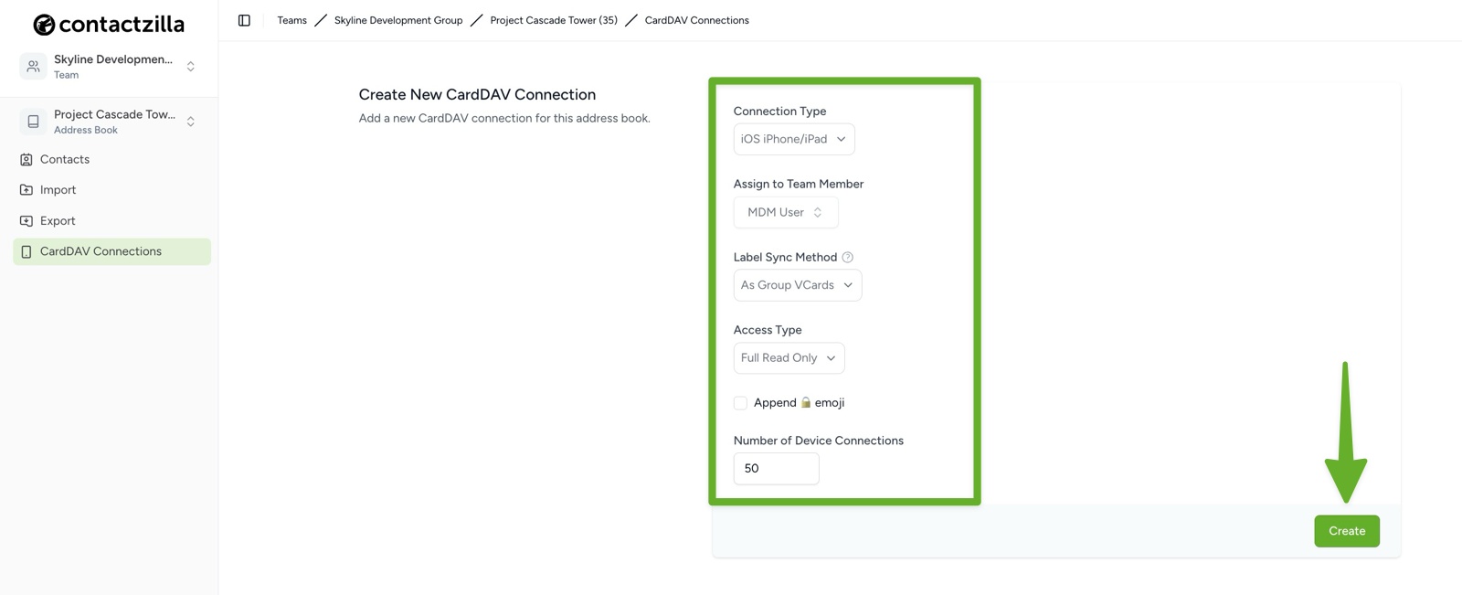 CardDAV Connections option in Contactzilla used to create an iOS MDM connection.