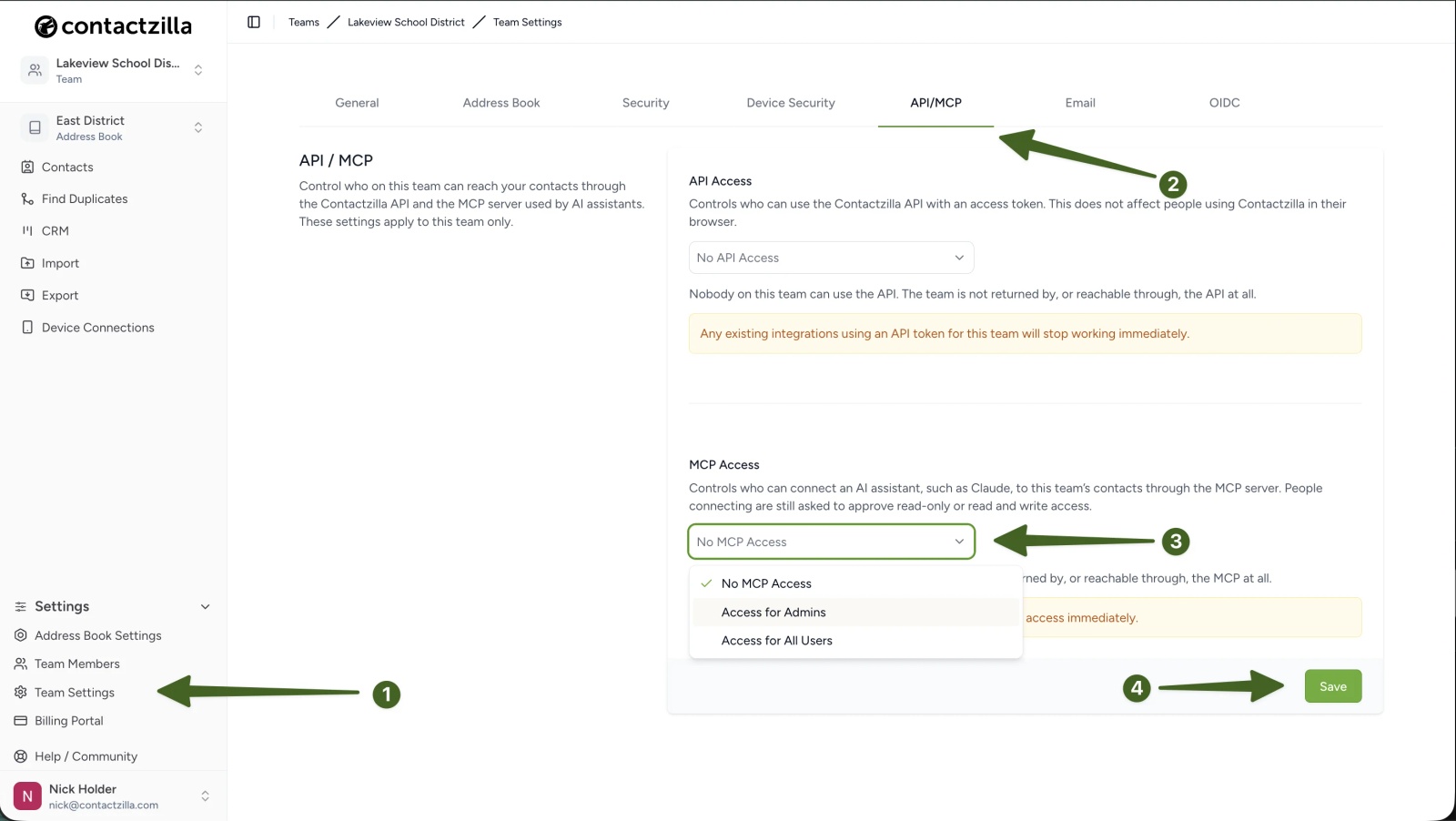 Contactzilla's Team Settings, API/MCP tab, with the MCP Access dropdown open showing No MCP Access, Access for Admins and Access for All Users.