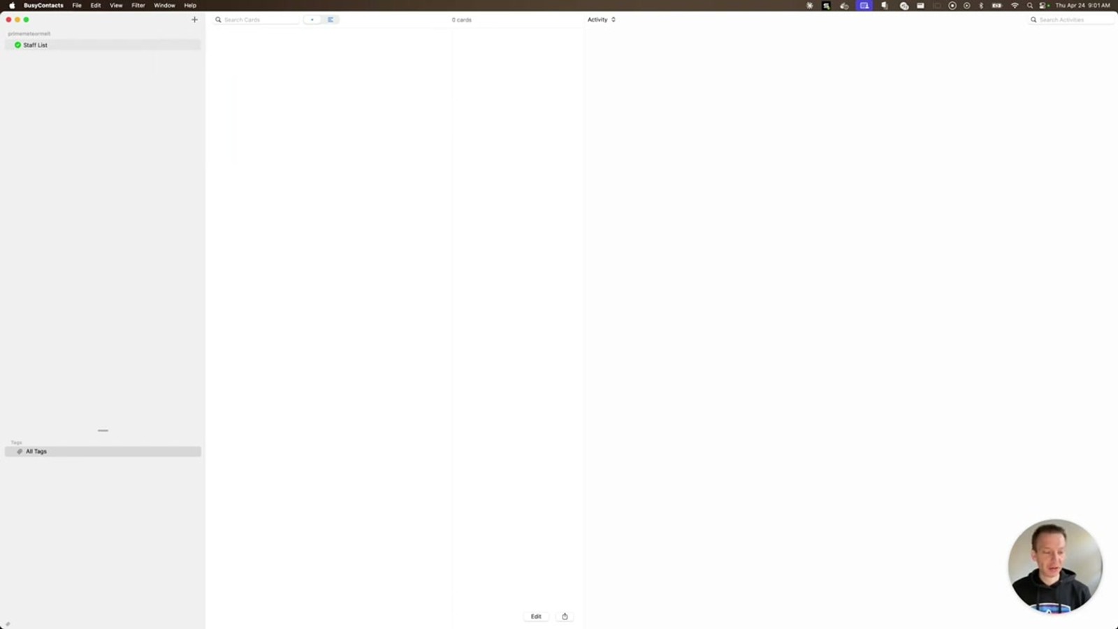BusyContacts client on Mac showing an empty address book after the wipe has completed