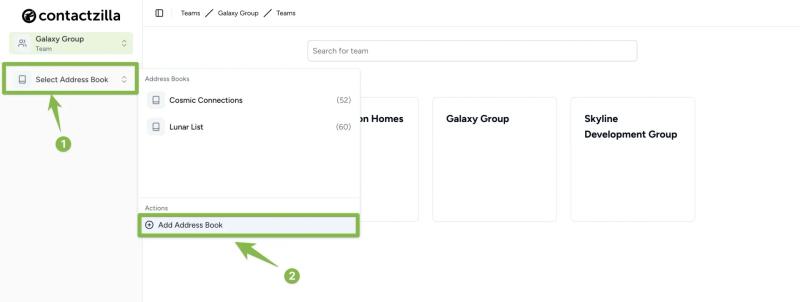 Dropdown menu in Contactzilla to select an address book with the option to add a new address book.