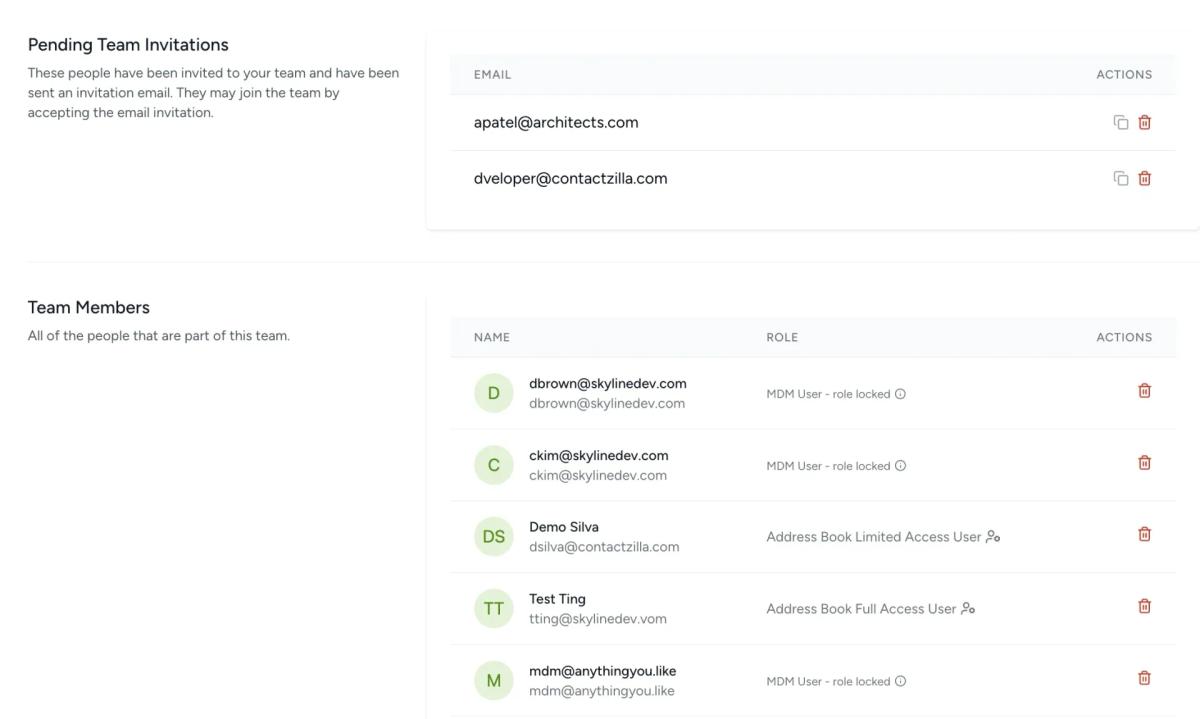 Contactzilla team management dashboard showing pending user invitations and active team members with roles and permissions